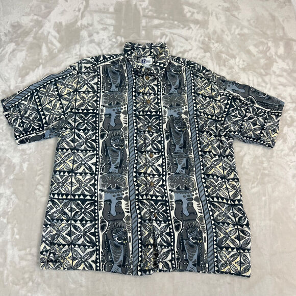 VTG Arizona Jean Co Shirt Mens Large Blue Hawaiian Tropical Button Front Coastal - Picture 2 of 12